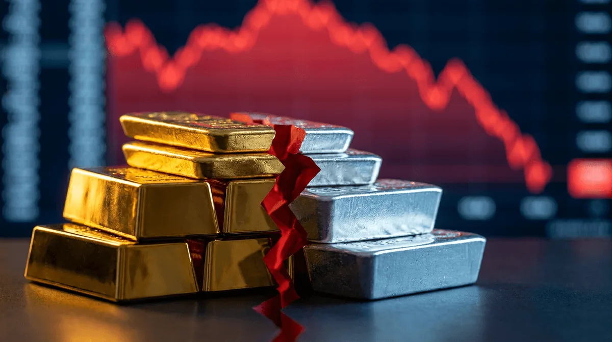 A dramatic close-up of gleaming gold bars and silver bullion stacked together, with a sharp red downward arrow or crack splitting through them to visually convey a price plunge.