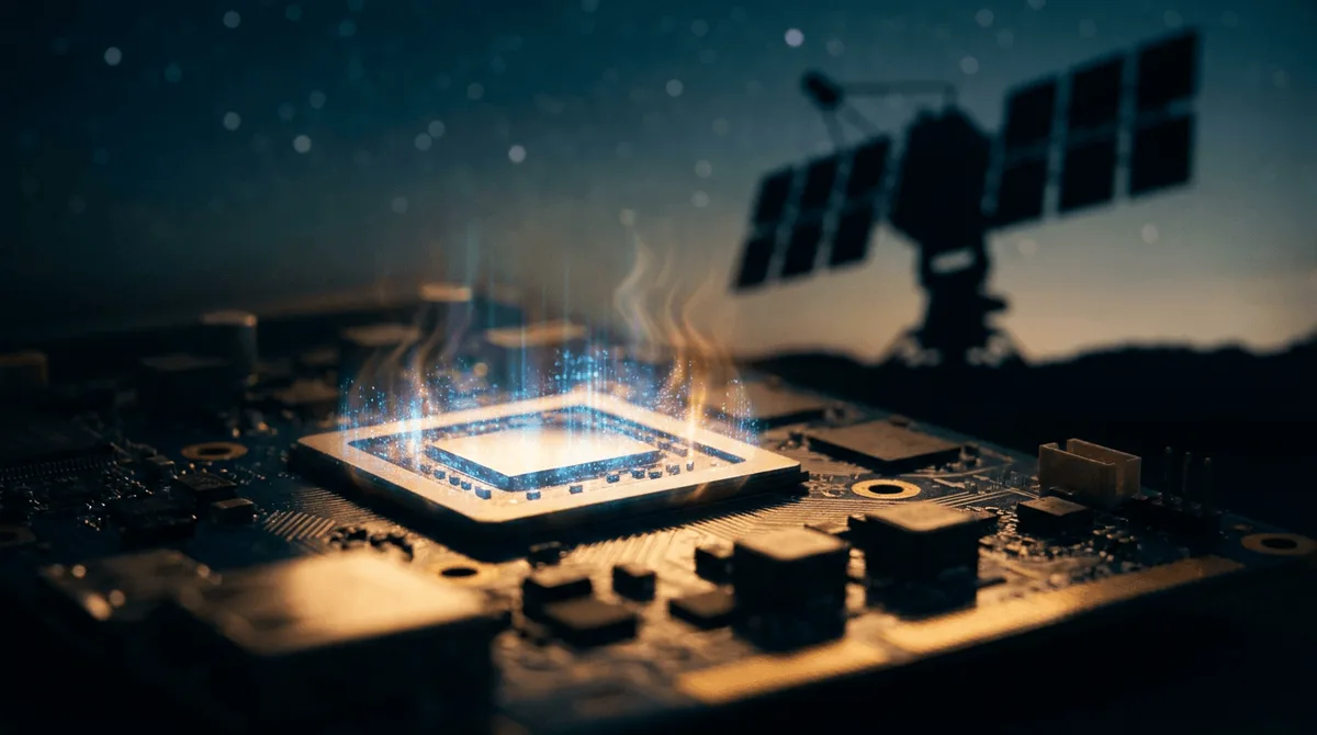 A dramatic close-up of a glowing GaN semiconductor chip or circuit board bathed in intense blue and orange light, with a Starlink-style satellite dish silhouetted in the background against a star-filled sky.