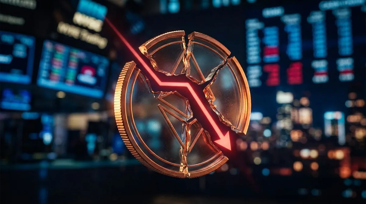 A bold downward-trending stock chart with the Coinbase logo or a prominent crypto coin symbol dominates the frame, rendered in deep red tones to signal financial loss.