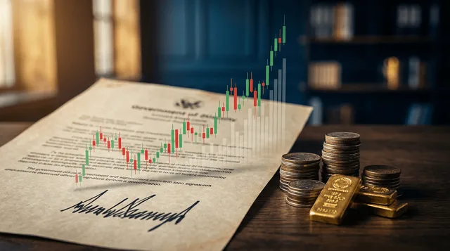 A close-up of an official government disclosure document with a bold signature at the bottom, partially overlaid with a dynamic stock market chart showing upward momentum in red and green candlesticks.