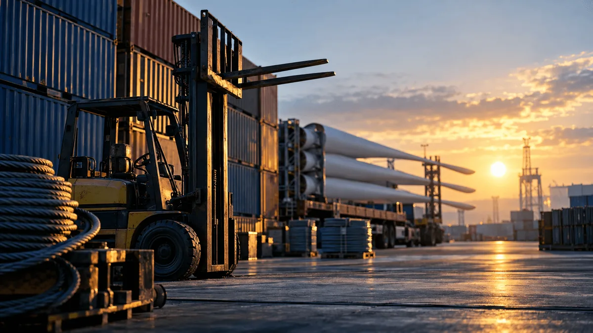 A warehouse loading dock at dawn: a line of steel shipping containers stacked beside an idle forklift, its raised forks catching the first sunlight while a coil of thick industrial cable rests nearby.