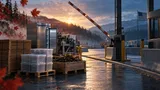 A border crossing gate caught mid-lift at dusk, with pallets of cardboard, plastic boxes, refrigeration equipment, machinery, and seaweed crates sitting on the Canadian side, lit by golden light fading into blue mist.