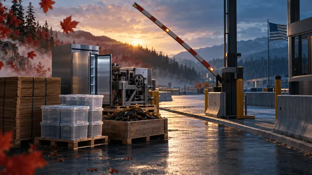 A border crossing gate caught mid-lift at dusk, with pallets of cardboard, plastic boxes, refrigeration equipment, machinery, and seaweed crates sitting on the Canadian side, lit by golden light fading into blue mist.