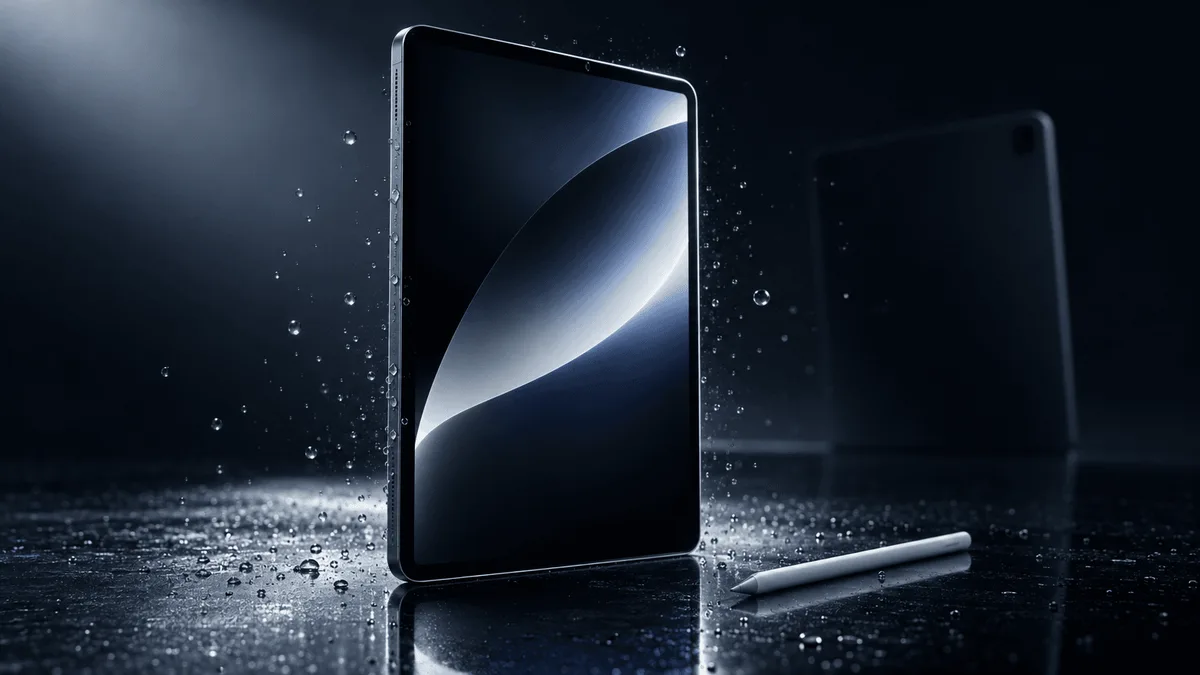 A thin tablet device stands upright on a reflective dark surface with a stylus beside it, surrounded by suspended water droplets, with a blurred second device silhouette in the background suggesting more product reveals to come.
