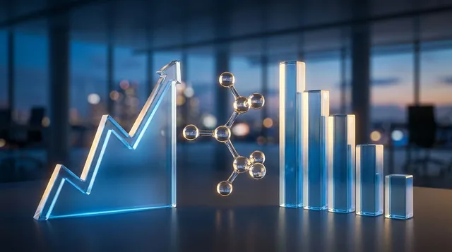 A split composition showing an upward-trending revenue graph on one side and a declining profit chart on the other, rendered in Merck's corporate blue tones against a clean, modern background.
