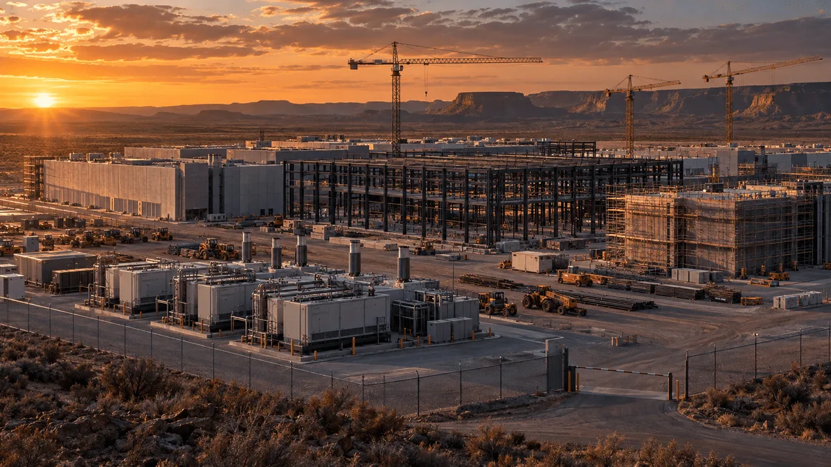 Wide desert view of a half-completed data center campus at sunset, with idle cranes, scaffolding, and fuel cell units, suggesting paused construction.