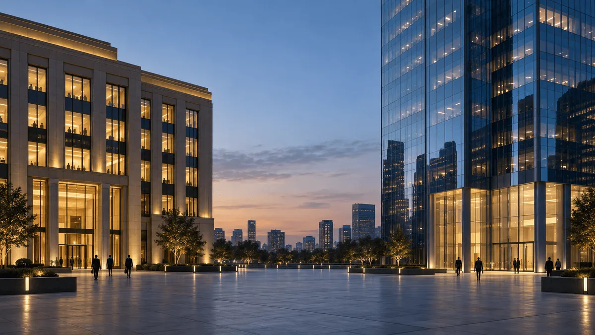 Two separate office towers with a wide open plaza between them, illustrating distinct, unconnected corporate entities rather than any confirmed link.