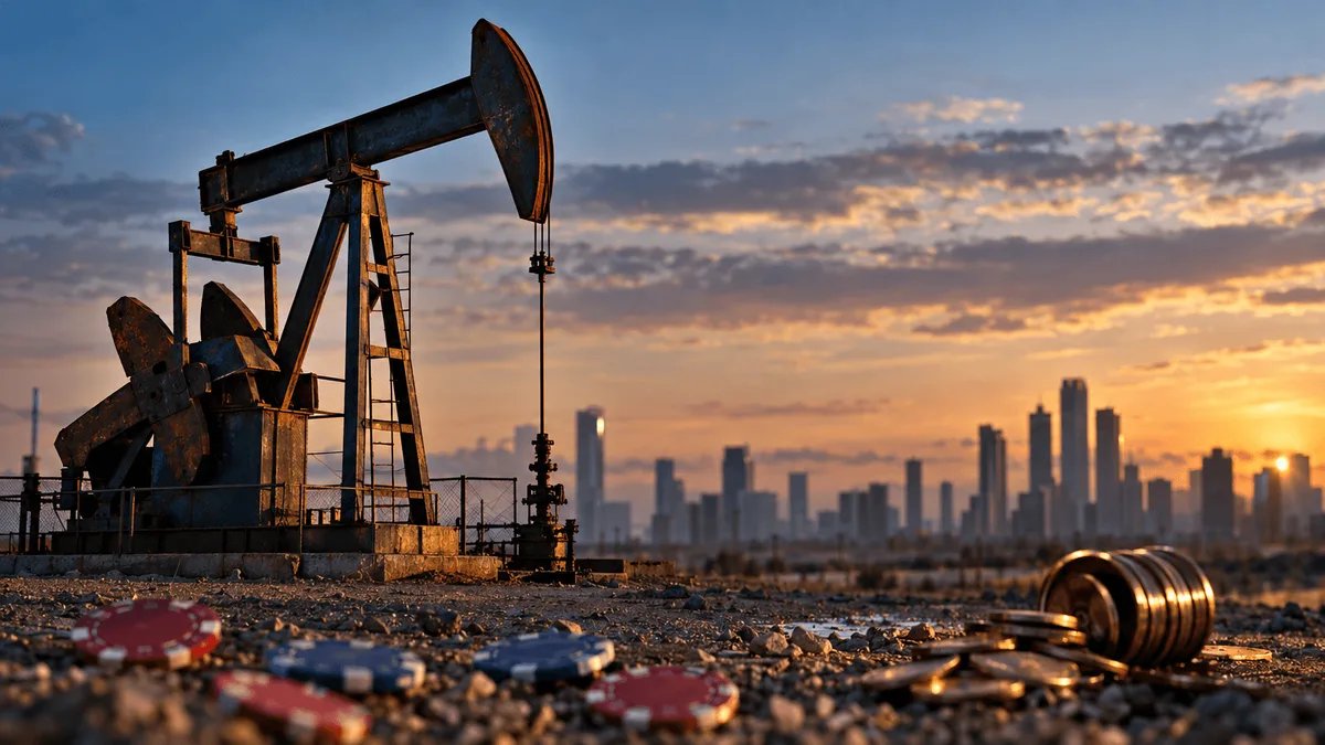 A weathered steel oil pumpjack stands in sharp focus against a pale dawn sky, its counterweight frozen mid-stroke, while in the soft-blurred distance a row of office tower silhouettes catches the first light.