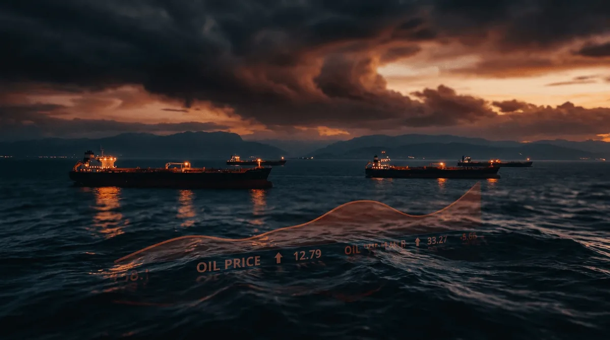 A dramatic aerial view of oil tankers navigating the narrow, strategic waterway of the Strait of Hormuz at dusk, with dark storm clouds gathering overhead to symbolize rising geopolitical tension.