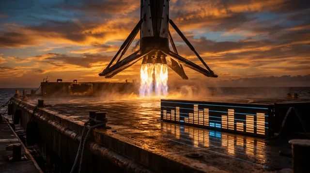 A SpaceX Falcon 9 rocket dramatically landing on an ocean barge at sunset, with its engine firing and legs deployed, captured from a low angle that emphasizes its towering scale against a fiery sky.