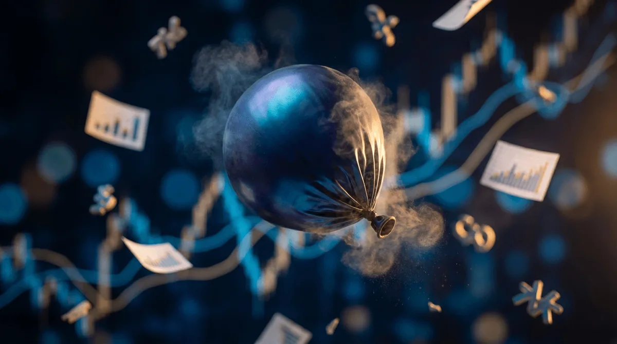 A dramatic close-up of a deflating balloon mid-burst, with scattered stock charts and option price ticker symbols swirling around it against a dark financial backdrop.