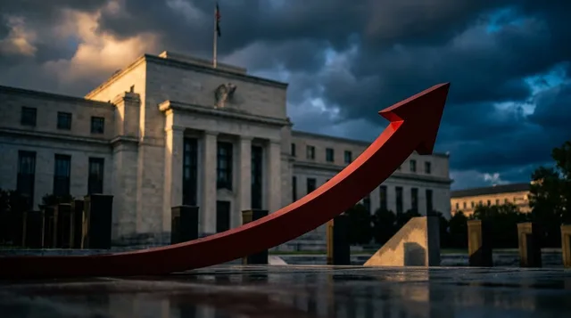 A stern, authoritative Federal Reserve building looms large against a stormy, dark sky with dramatic storm clouds gathering overhead, symbolizing the turbulent economic warning being issued.