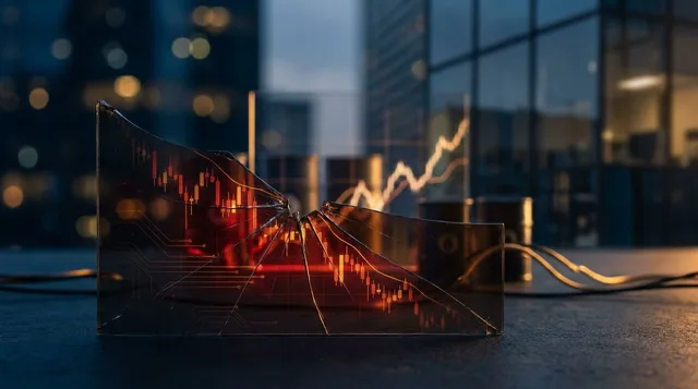 A dramatic downward-trending stock chart rendered in deep red dominates the frame, with glowing AI circuit patterns and a tech chip overlay fading into the background.