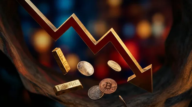 A dramatic downward-trending gold price chart rendered in deep red against a dark background, with physical gold bars and silver coins visually tumbling or falling through the frame.