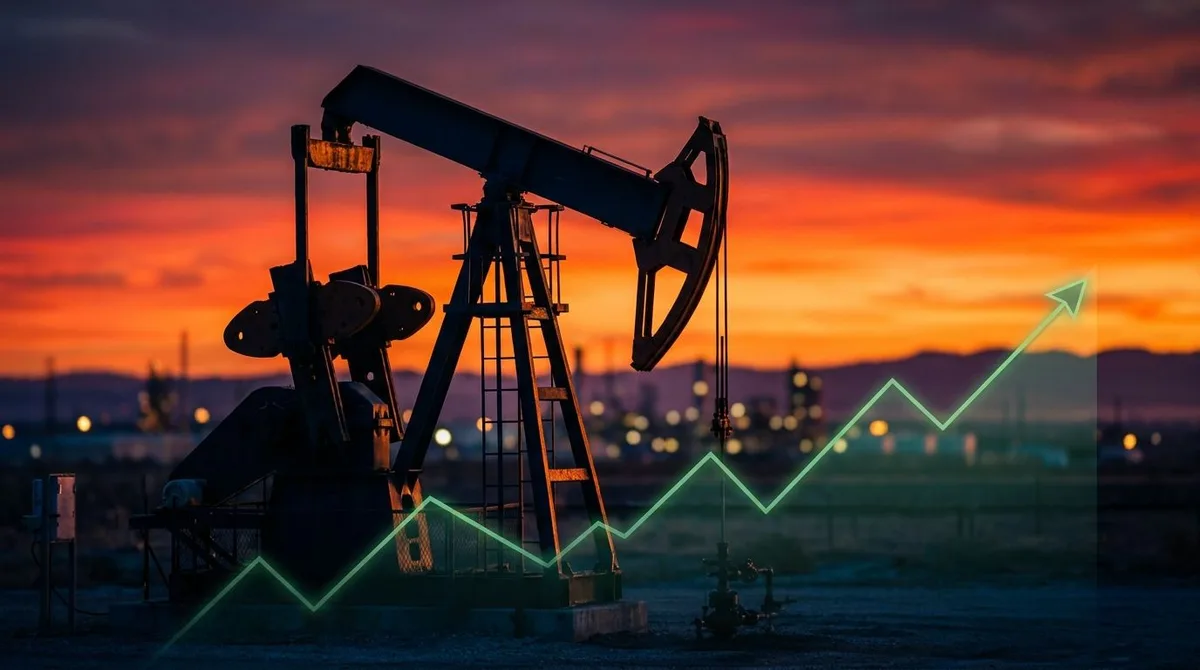 A dramatic close-up of an oil pump jack silhouetted against a vivid orange and red sunset sky, symbolizing the energy sector's renewed momentum. In the foreground, a subtle upward-trending stock chart line glows in green, overlaid transparently against the industrial landscape, visually merging the worlds of energy and financial recovery. The bold contrast between the warm, fiery sky and the strong mechanical structure conveys both power and resurgence.