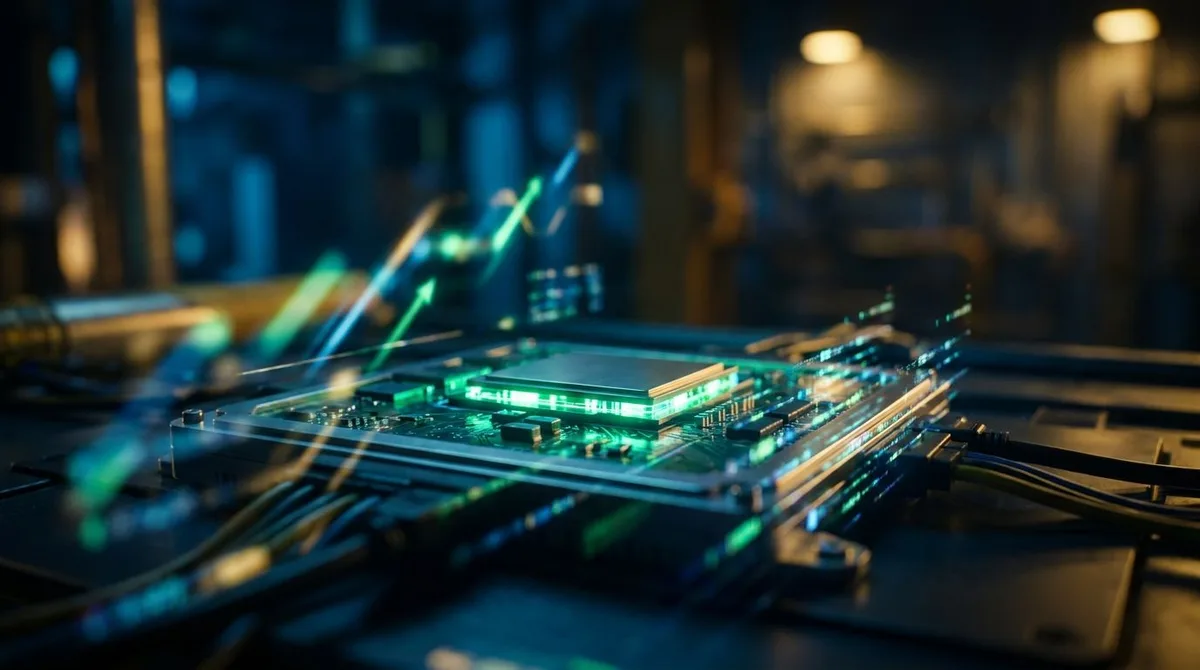 A dramatic close-up of an Nvidia GPU chip glowing with electric green and blue light, set against a dark background with blurred stock market ticker data reflected across its surface.