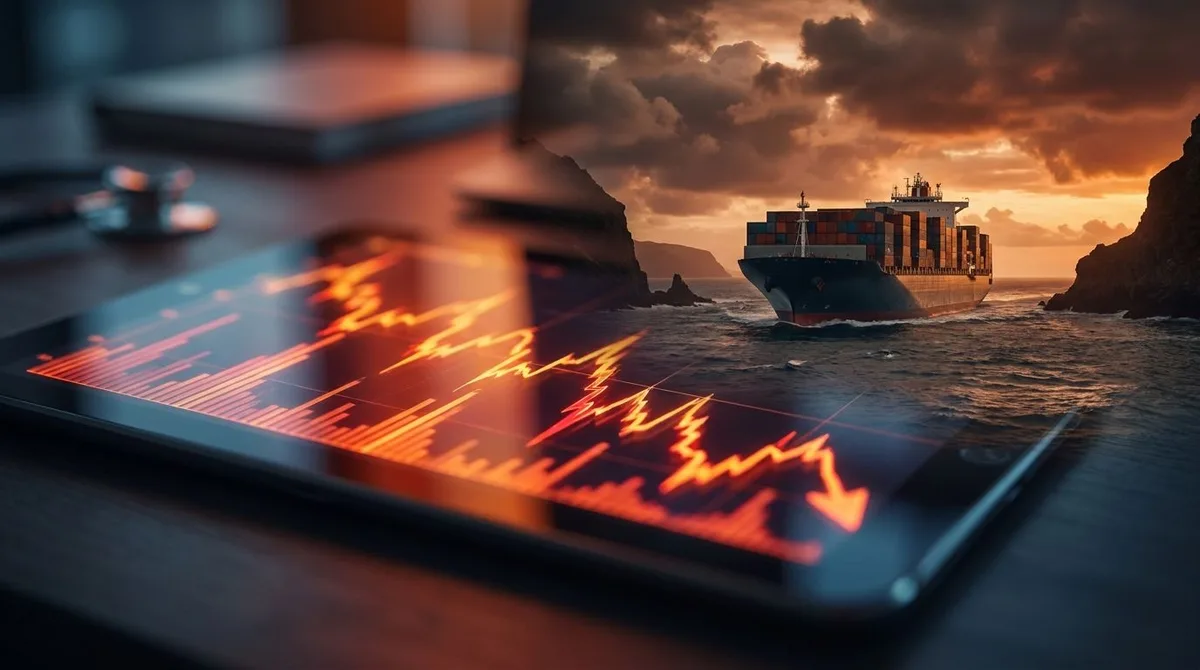 A split-composition image showing an oil tanker navigating through a narrow, tension-filled strait with dramatic, stormy skies overhead, while in the foreground, glowing stock market charts display sharp downward red arrows alongside a spik