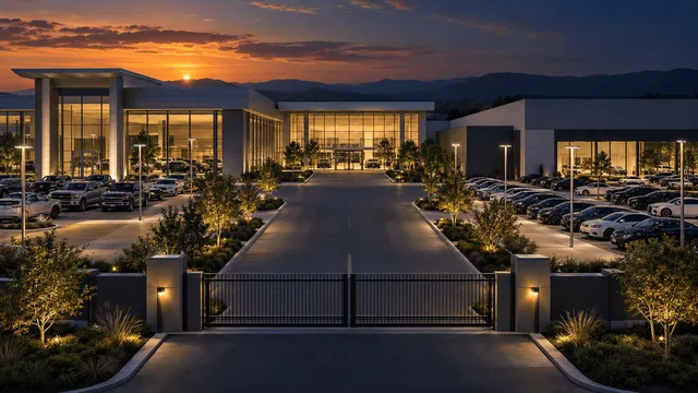 Aerial dusk view of a large dealership complex with two architecturally distinct wings meeting at a central point, gated entrance road, and glowing glass showrooms symbolizing a private ownership transition.
