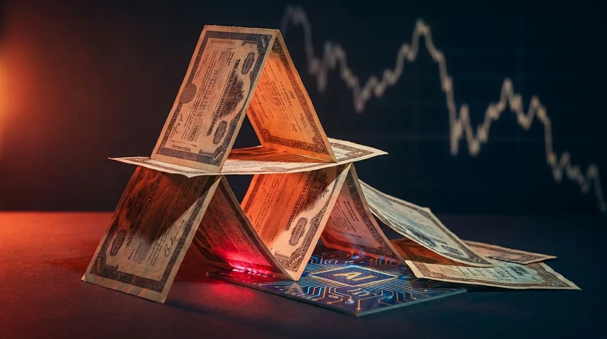 A crumbling house of cards built from stock certificates and financial documents, with a glowing AI circuit board pattern visible beneath the collapsing structure.