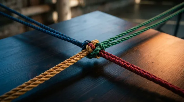 A dramatic tug-of-war scene shot from above, with thick ropes pulling in four different directions from a central knot, each rope a different color representing the competing market forces. The ropes are taut and straining against each other on a dark, polished surface that reflects the tension, with no single rope clearly winning. The overhead perspective and equal tension in every direction immediately conveys the theme of a market caught between powerful, opposing forces with no clear resolut