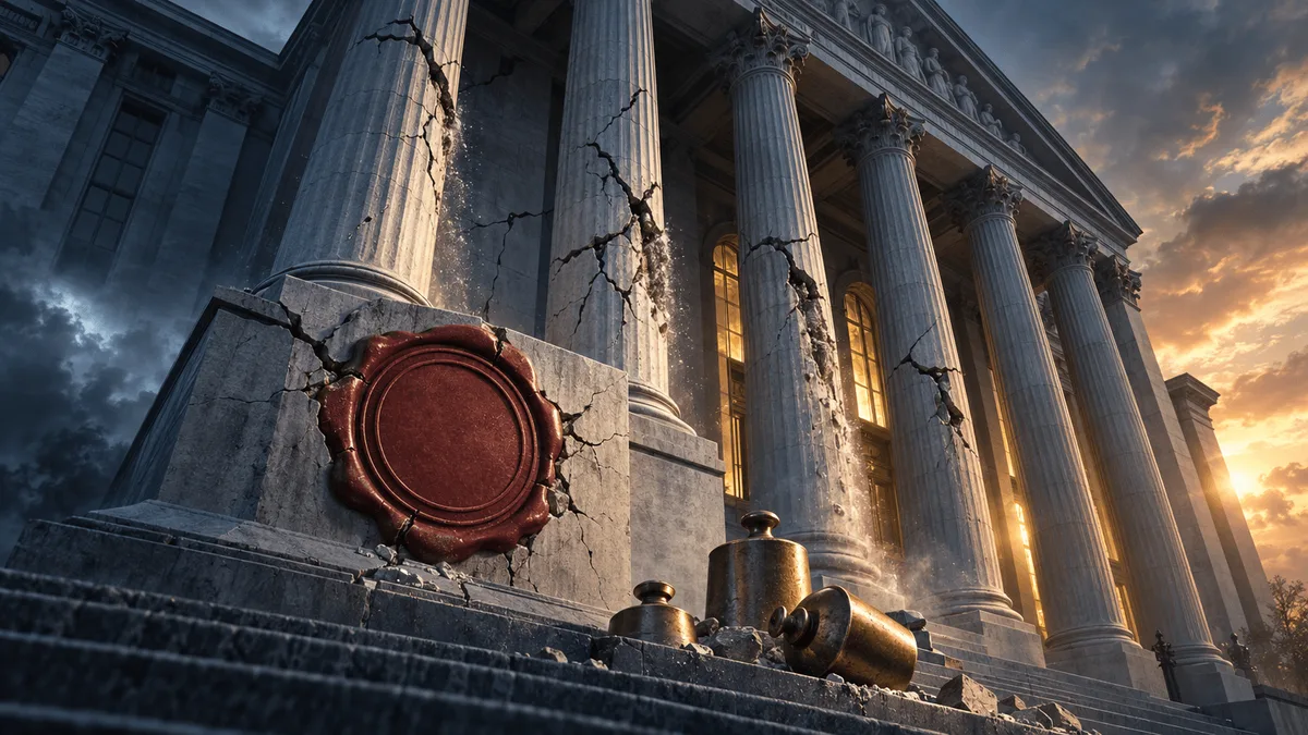 A cracked stone bank facade with an embedded wax seal and fallen brass scale weights, lit by cold blue and warm gold light, symbolizing a major regulatory penalty.