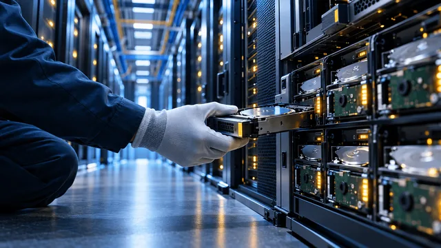 A technician installing a storage drive into a server rack in a data center aisle lined with illuminated storage arrays.