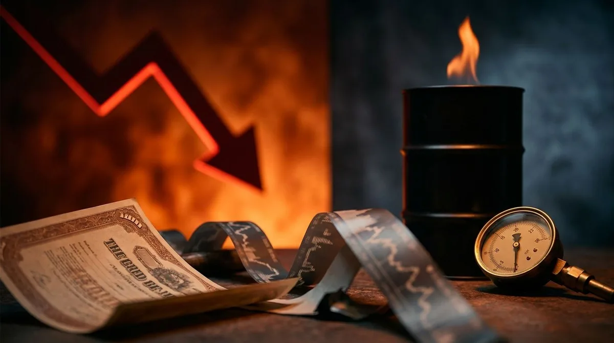 A dramatic split-screen composition showing a glowing red downward stock chart arrow plunging sharply on one side, with an oil barrel and rising flame on the other, set against a dark, tension-filled background.