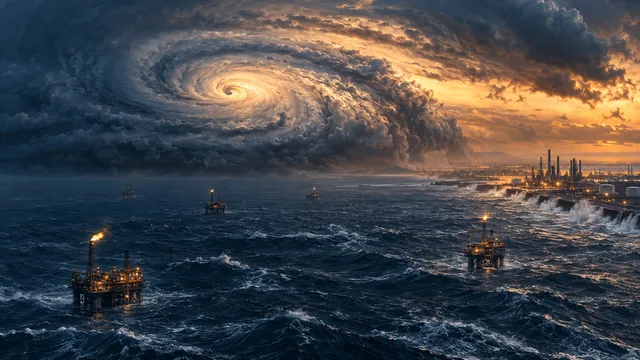 Aerial view of a large hurricane over the Gulf of Mexico with offshore oil platforms in rough seas and a coastal refinery visible in the hazy distance.