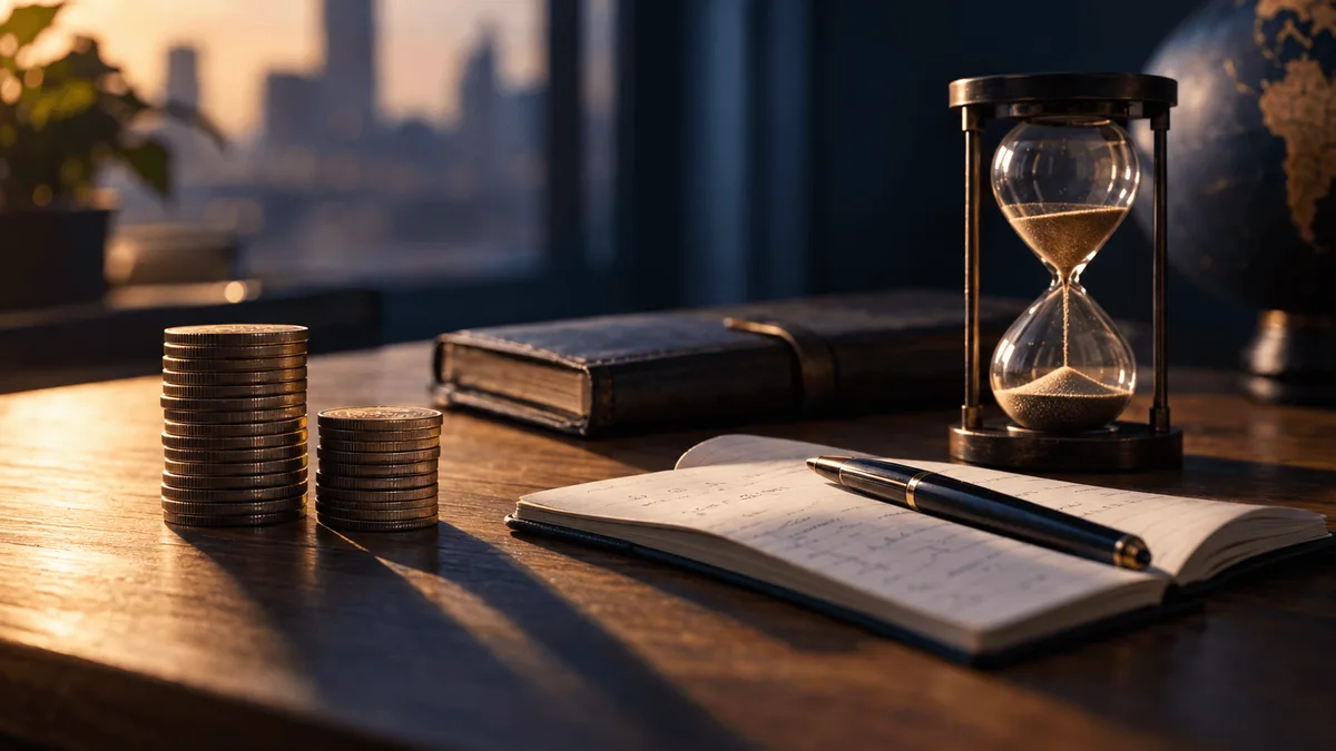 A clean wooden desk holds a single stack of coins divided into two uneven piles beside a closed pocket notebook and a pen resting diagonally across an open page of handwritten calculations.