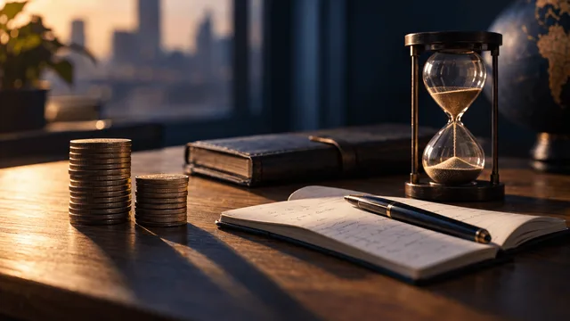 A clean wooden desk holds a single stack of coins divided into two uneven piles beside a closed pocket notebook and a pen resting diagonally across an open page of handwritten calculations.