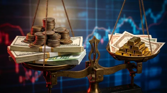 A split composition showing two contrasting sides of a balance scale — one side weighted down with stacked coins or cash bundles representing debt, the other side holding a smaller stack representing equity ownership.