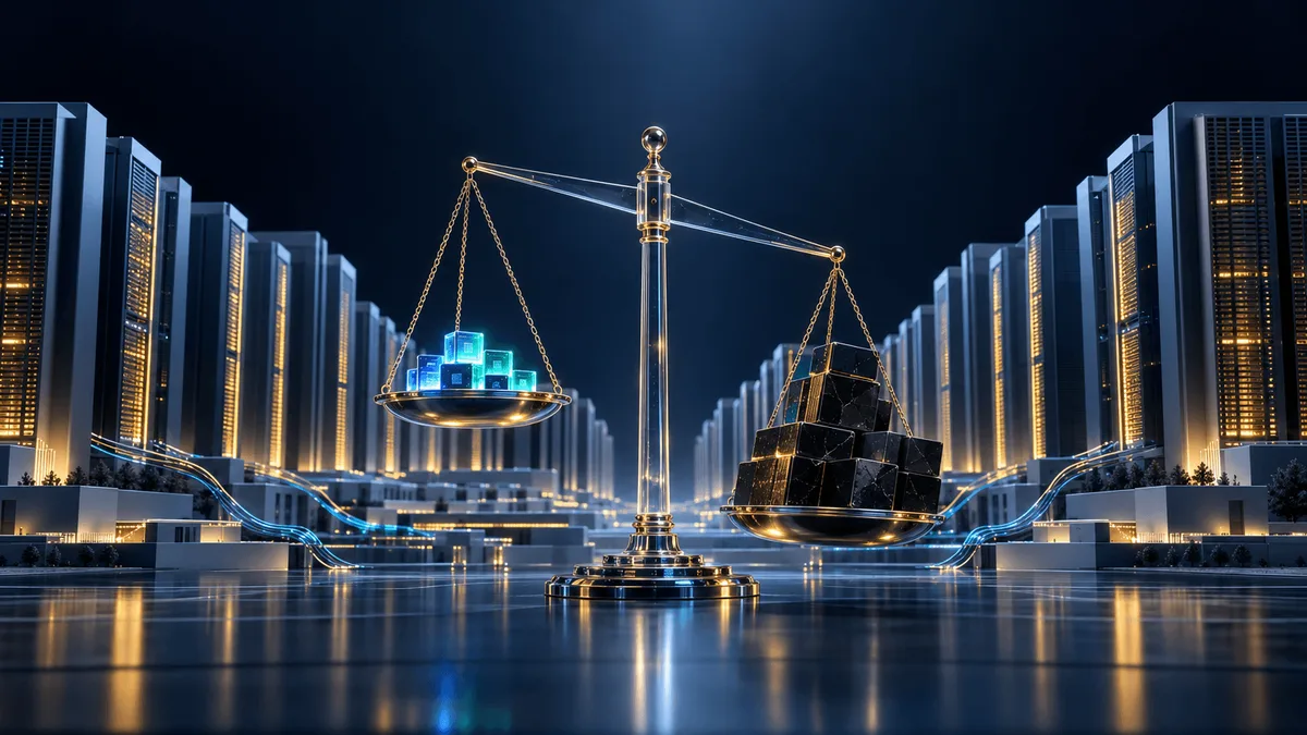 A dramatic miniature data-center skyline beside an oversized glass balance scale tipped toward dark blocks, symbolizing massive spending outweighing revenue, lit in cool blue and amber tones against a dark gradient background.