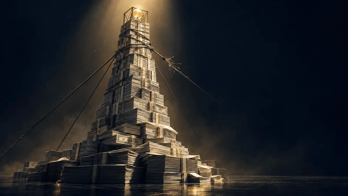 A towering structure built from stacked paper currency and bond sheets, bound by taut, straining steel cables, with a small glowing sphere resting at its peak, lit dramatically in a dark studio setting.