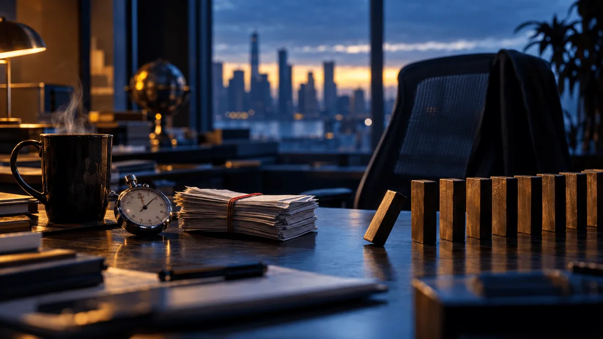 A pre-dawn trading desk close-up: a single empty chair beside a cluttered desk holding a coffee cup with steam rising, a mechanical stopwatch stopped mid-count, and a stack of printed order tickets fanned out with a red rubber band.