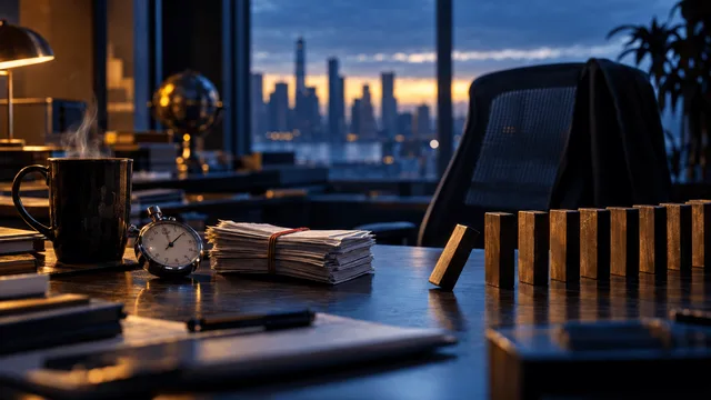 A pre-dawn trading desk close-up: a single empty chair beside a cluttered desk holding a coffee cup with steam rising, a mechanical stopwatch stopped mid-count, and a stack of printed order tickets fanned out with a red rubber band.