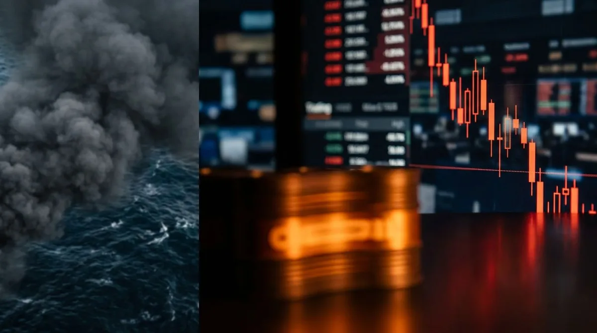 A split-scene composition showing a dramatic aerial view of military strike smoke rising over dark ocean waters on one side, while on the other side, a stock market trading screen displays sharply declining red candlestick charts and fallin