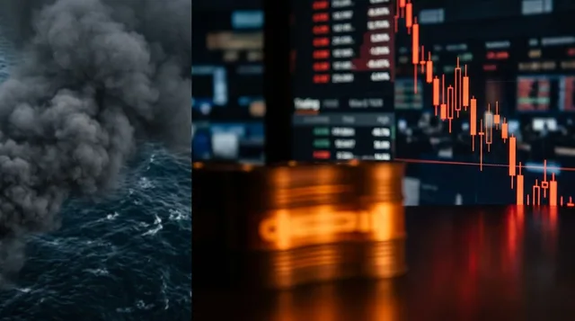 A split-scene composition showing a dramatic aerial view of military strike smoke rising over dark ocean waters on one side, while on the other side, a stock market trading screen displays sharply declining red candlestick charts and fallin