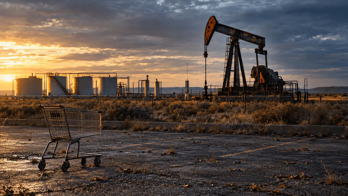 A weathered steel pumpjack stands mid-stroke in a flat, scrubland oil field at late-afternoon light, its paint chipped but mechanism clean and well-maintained, with a row of storage tanks and looping pipework in the middle distance.