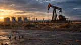 A weathered steel pumpjack stands mid-stroke in a flat, scrubland oil field at late-afternoon light, its paint chipped but mechanism clean and well-maintained, with a row of storage tanks and looping pipework in the middle distance.