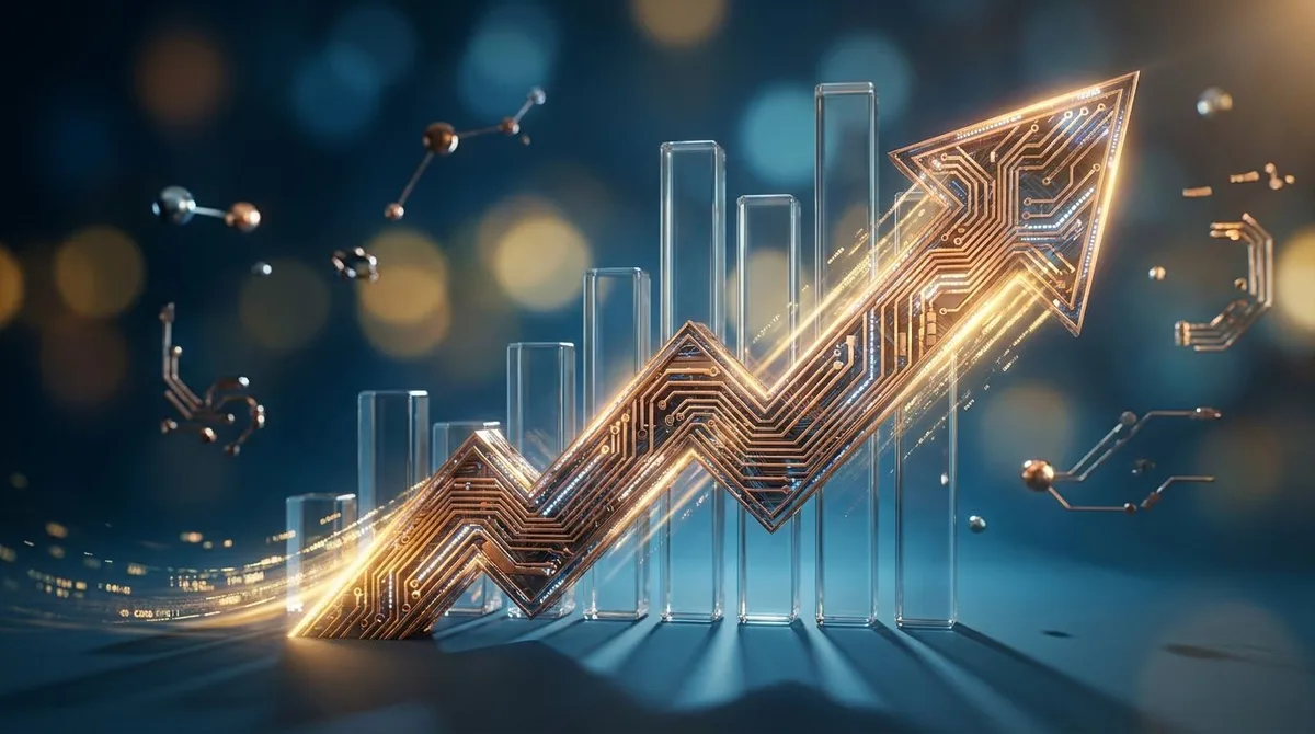 A rocket or arrow made of glowing circuit board patterns blasts upward through a stylized stock chart showing a steep upward trajectory, with the Nasdaq's characteristic tech-heavy composition represented by floating digital nodes and data streams. The background transitions from deep blue to bright gold, visually conveying unstoppable momentum and breakthrough energy. The overall composition should feel dynamic and forward-moving, immediately signaling "markets breaking higher" to anyone scroll