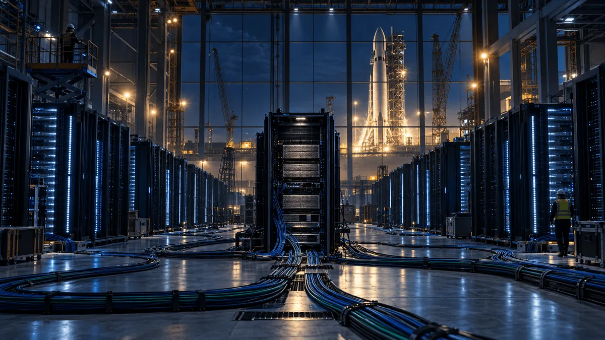 Wide view of an unfinished data center filled with server racks and cabling, with a large rocket visible through warehouse windows at night.