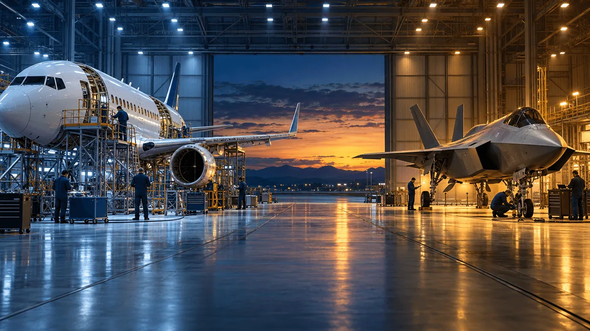 A split aerospace hangar scene at dusk showing an unfinished commercial jet fuselage on one side and a fully assembled military jet on the other, symbolizing Boeing's narrowing losses and strong defense performance.
