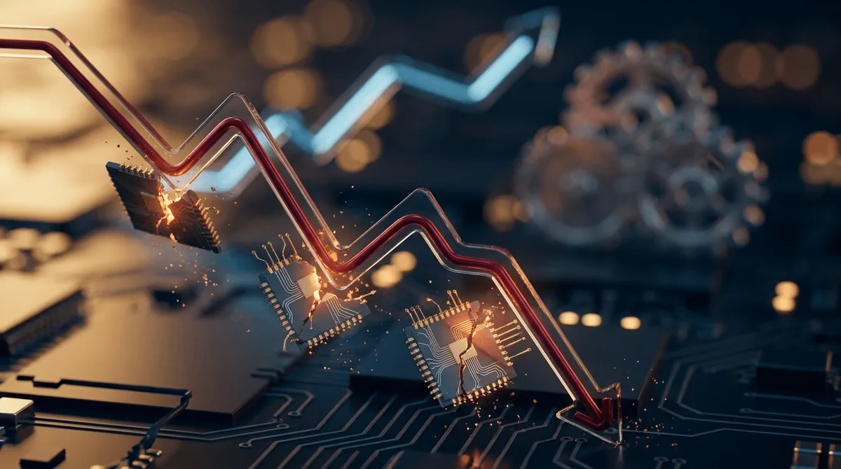 A dramatic downward-plunging stock market graph rendered in deep red against a dark background, with glowing semiconductor chips or circuit board elements visibly cracking or shattering as they fall alongside the collapsing trend line.