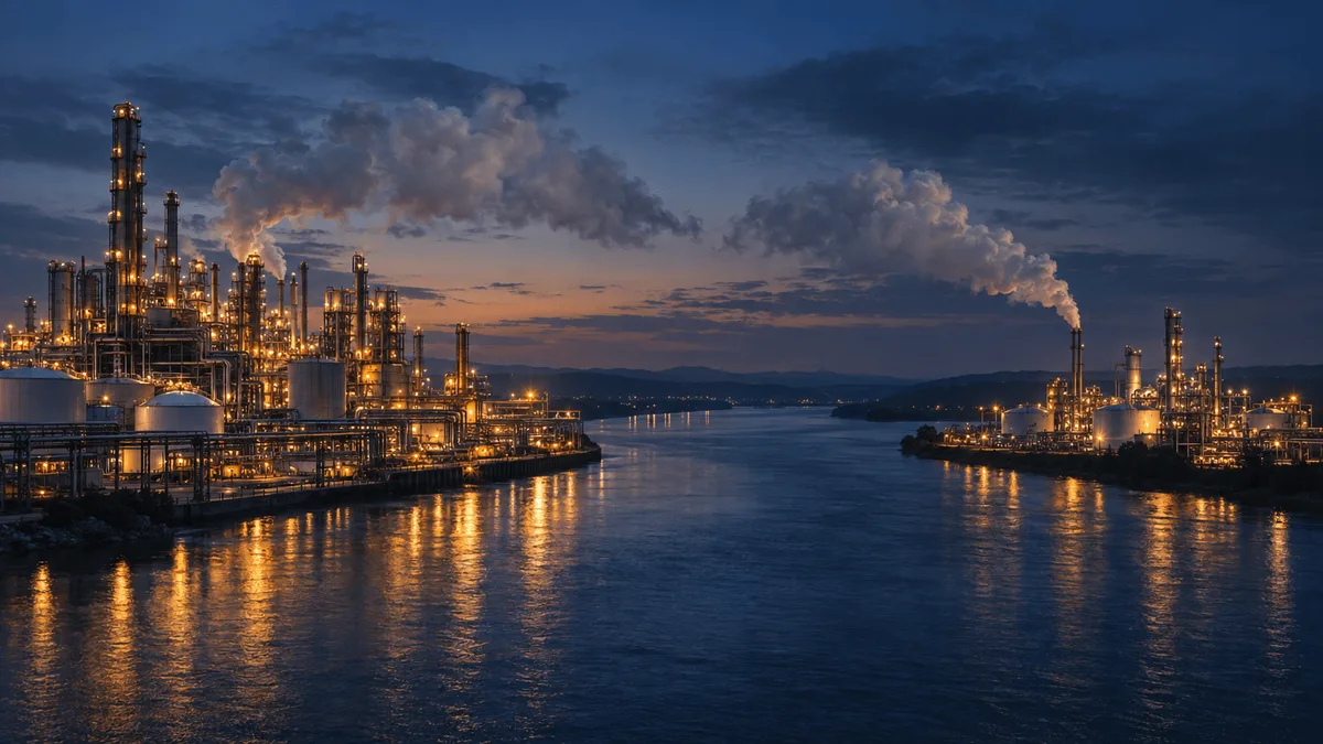 Two German industrial chemical plants of differing scale face each other across a river at dusk, their steam plumes drifting toward one another but not merging.
