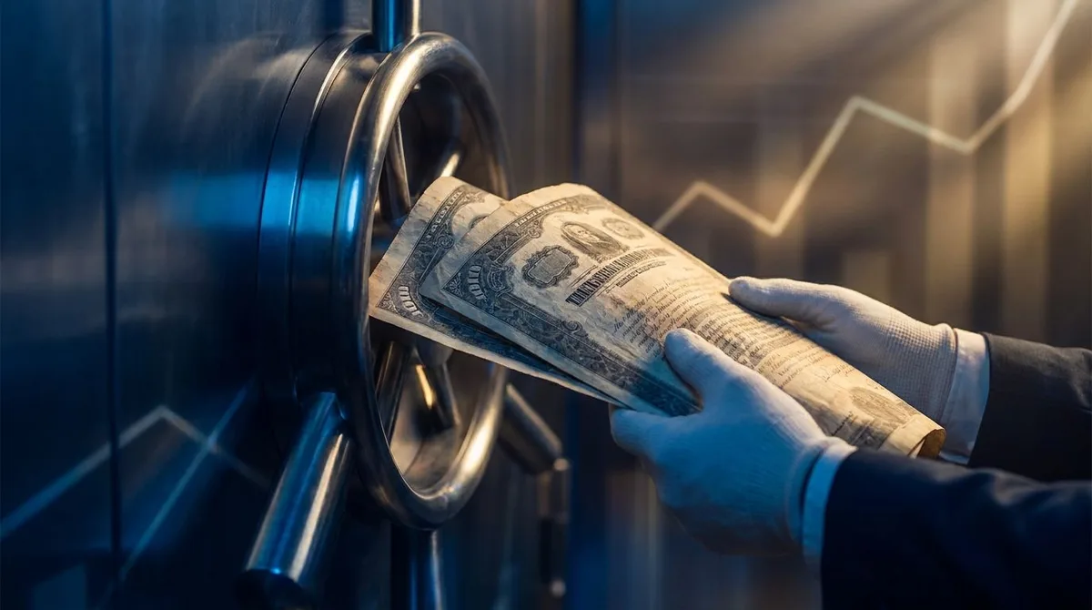 A close-up shot of U.S. Treasury bond certificates or financial documents being pulled back into a government vault or safe, symbolizing the buyback process. The scene is bathed in deep blue and gold tones, with subtle upward-trending chart