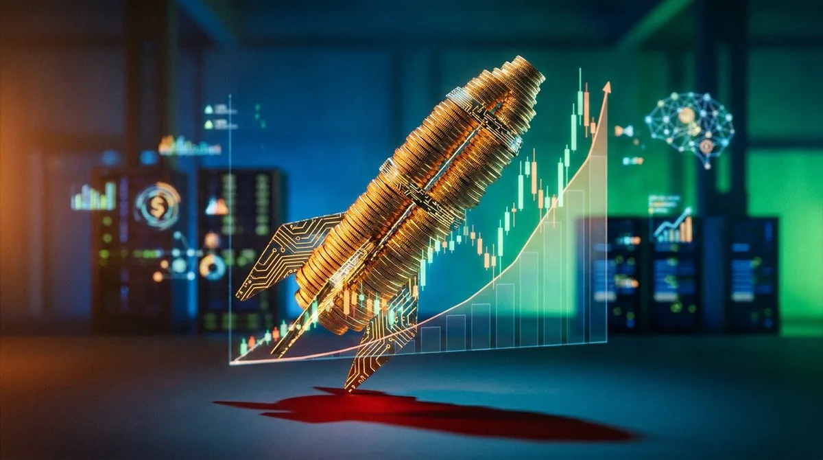 A dramatic upward-shooting rocket or arrow made of stacked gold coins and glowing circuit board patterns, bursting through a digital stock chart that shows an explosive parabolic curve.