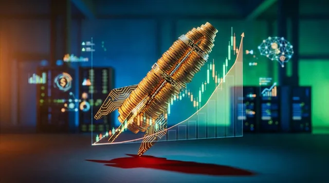 A dramatic upward-shooting rocket or arrow made of stacked gold coins and glowing circuit board patterns, bursting through a digital stock chart that shows an explosive parabolic curve.