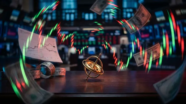 A lone figure stands calmly at the center of a stormy financial trading floor, with swirling charts, red and green candlestick graphs, and chaotic price movements radiating outward around them. The figure's composed, steady posture contrasts sharply with the turbulent, almost tornado-like vortex of market data and frantic energy surrounding them. The color palette shifts from warm, stable golden light at the center to intense reds and electric greens in the chaotic outer edges, visually reinforc