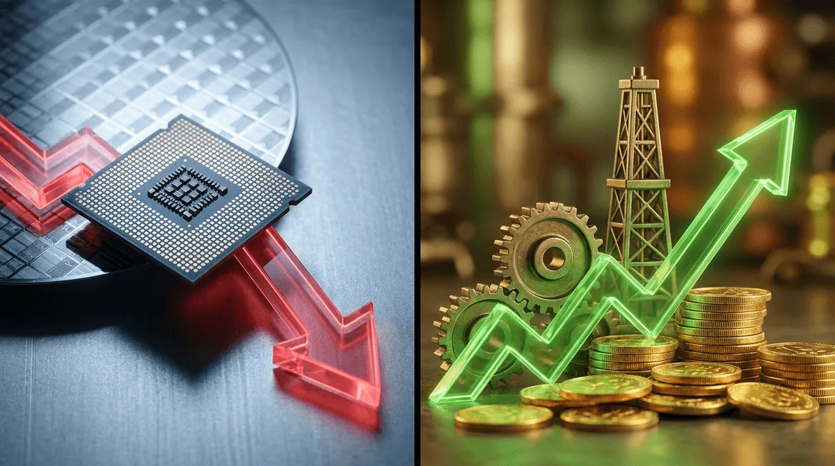 A dramatic split-screen visual showing a microchip or semiconductor wafer on one side casting a heavy shadow or literally weighing down a stock market graph arrow, while the other side shows traditional industrial or blue-chip symbols risin