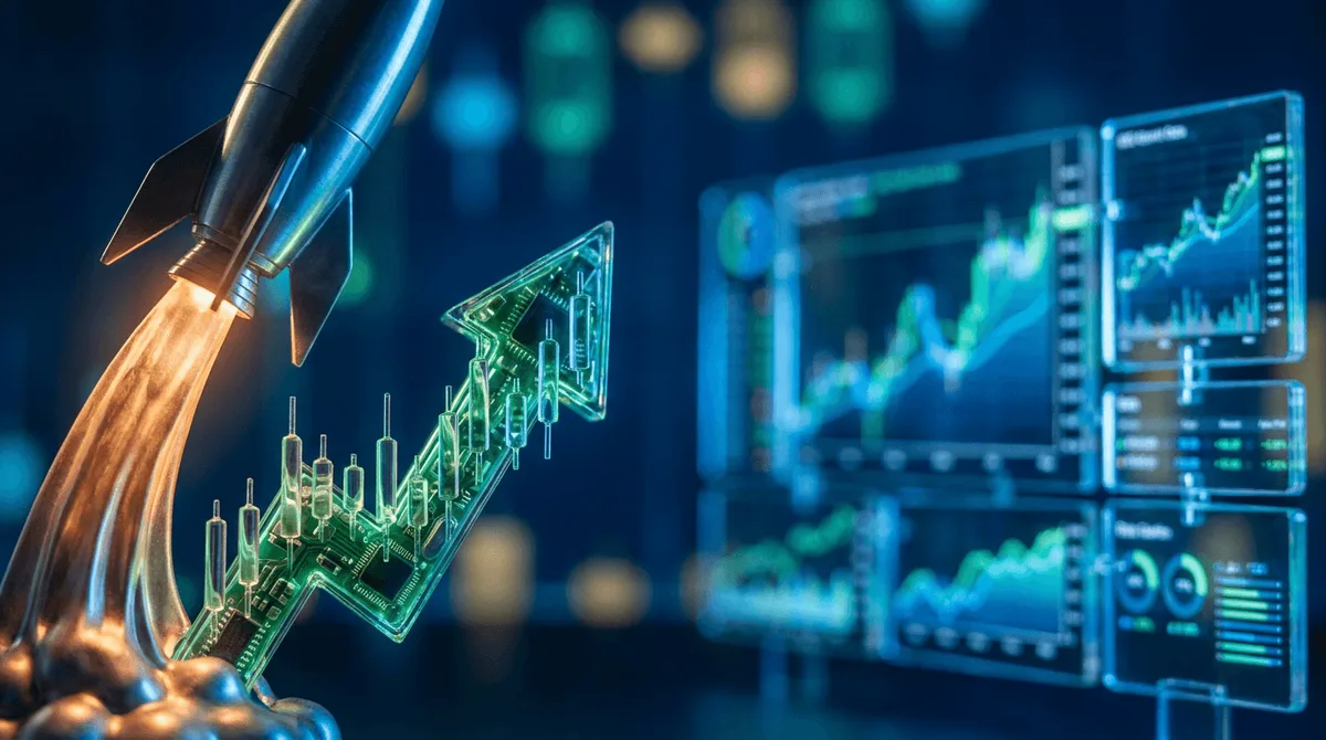 A dynamic split-scene composition showing a rocket launching upward against a backdrop of glowing green stock ticker screens and upward-trending chart lines, symbolizing both the SpaceX IPO excitement and the broad market surge.